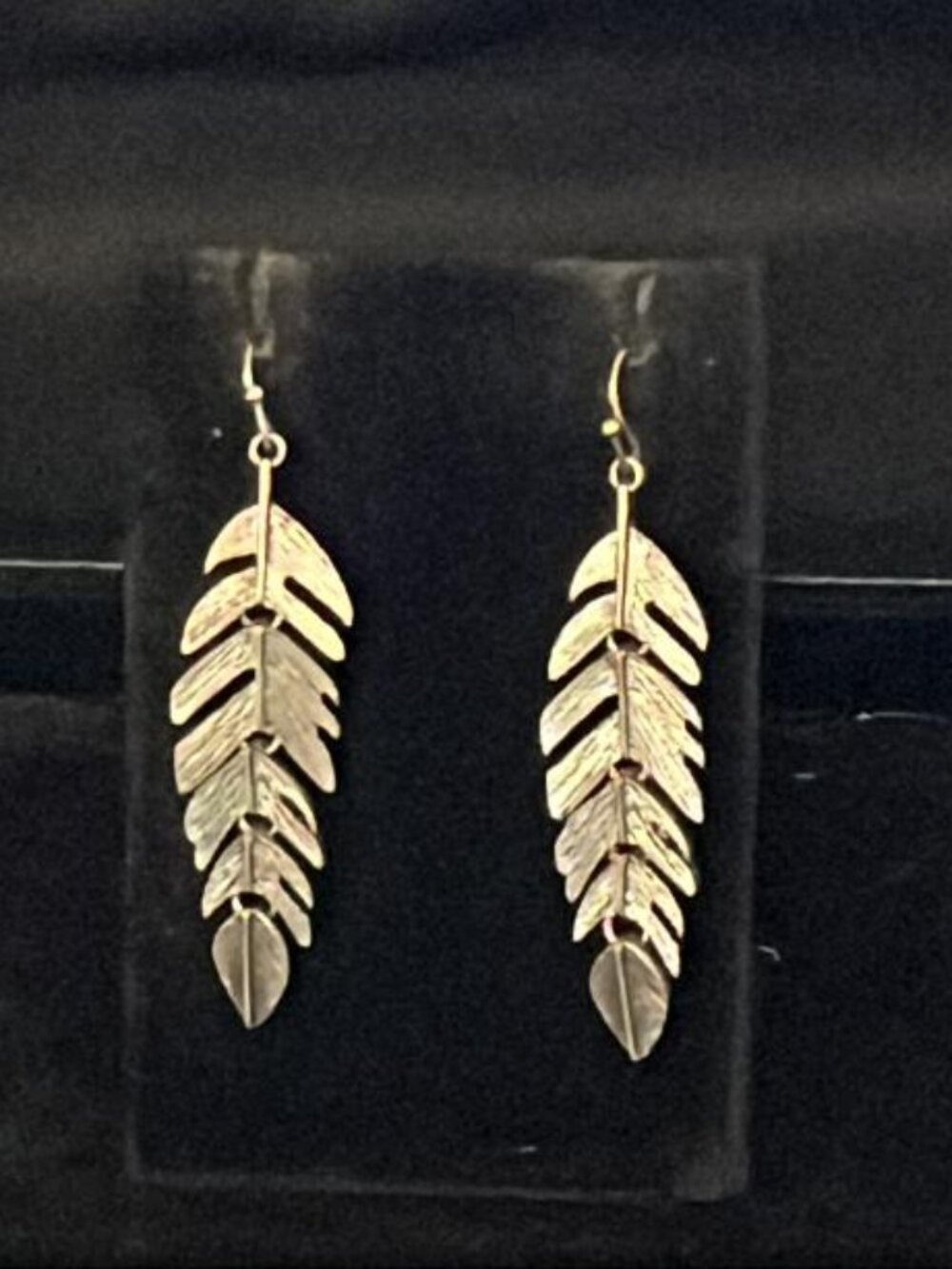 Etched Silver Tone Articulate Feather Earrings